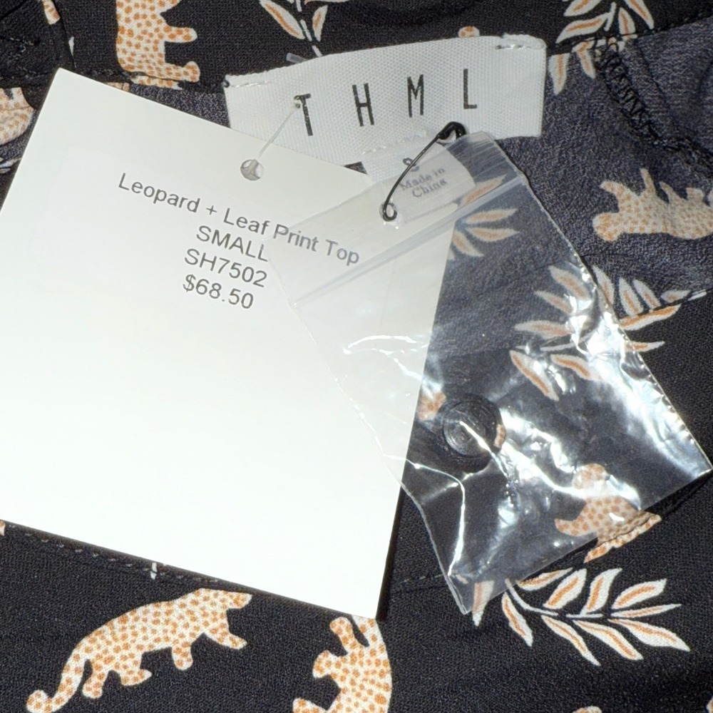 THML Leopard Leaf Print Mock Neck Puff Sleeve Black Blouse NWT $69 Small‎ - Picture 8 of 8